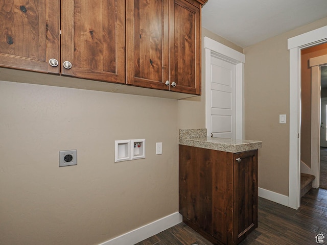 7503 S Bridge Maple Ln, West Jordan, UT 84081 - clothes washing area featuring electric dryer hookup, baseboards, dark wood finished floors, hookup for a washing machine, and cabinet space