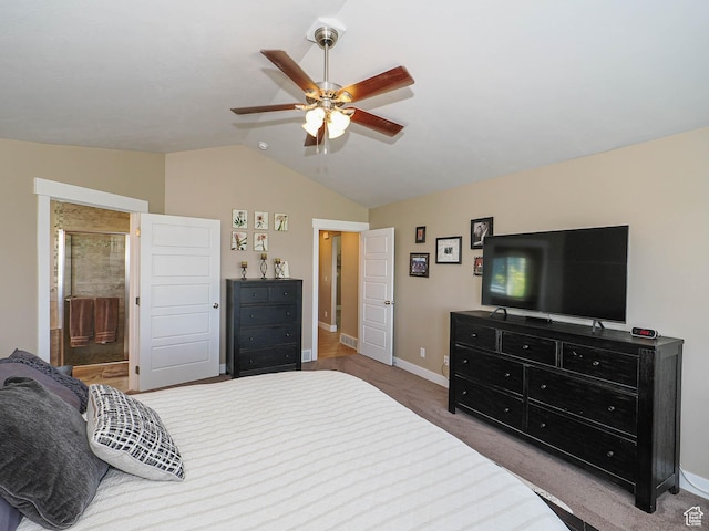 7503 S Bridge Maple Ln, West Jordan, UT 84081 - bedroom featuring lofted ceiling, baseboards, carpet flooring, ensuite bath, and ceiling fan