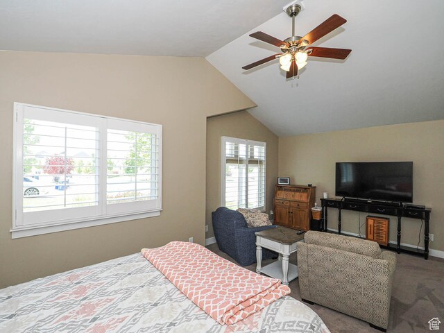 7503 S Bridge Maple Ln, West Jordan, UT 84081 - carpeted bedroom with vaulted ceiling, baseboards, and a ceiling fan
