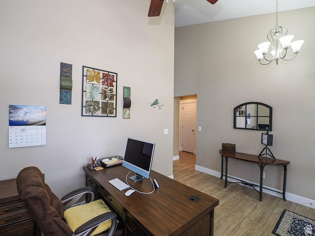 7503 S Bridge Maple Ln, West Jordan, UT 84081 - office with a ceiling fan, light wood-style flooring, a chandelier, and baseboards