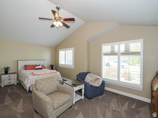 7503 S Bridge Maple Ln, West Jordan, UT 84081 - bedroom with carpet flooring, lofted ceiling, baseboards, and a ceiling fan