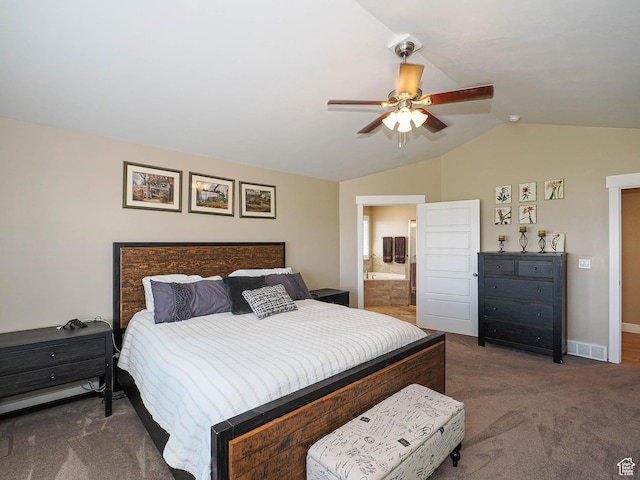 7503 S Bridge Maple Ln, West Jordan, UT 84081 - bedroom with vaulted ceiling, dark carpet, baseboards, a ceiling fan, and connected bathroom