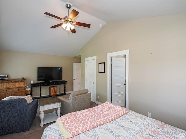 7503 S Bridge Maple Ln, West Jordan, UT 84081 - carpeted bedroom featuring high vaulted ceiling and a ceiling fan