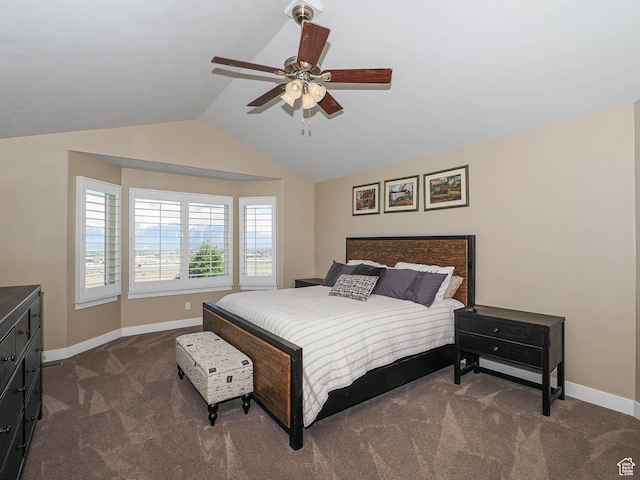 7503 S Bridge Maple Ln, West Jordan, UT 84081 - bedroom featuring dark colored carpet, baseboards, vaulted ceiling, and ceiling fan
