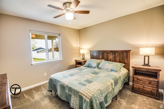 bedroom with carpet, baseboards, and ceiling fan