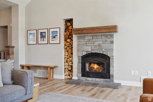 detailed view of wood finished floors, a fireplace, and baseboards