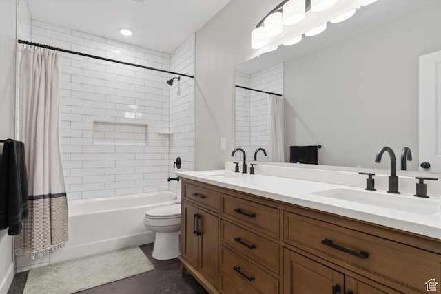 bathroom featuring shower / bath combo with shower curtain, double vanity, toilet, and wood finished floors