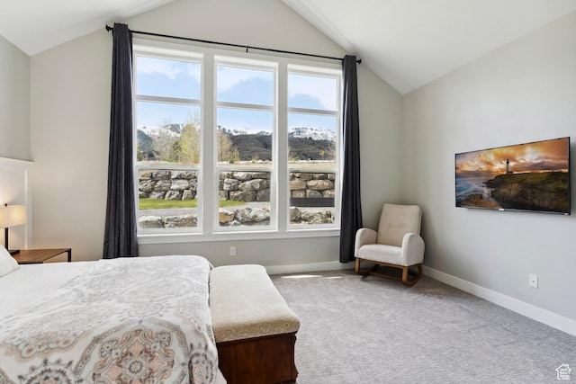 carpeted bedroom with lofted ceiling and baseboards