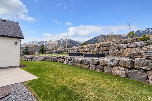 view of grassy yard featuring a mountain view