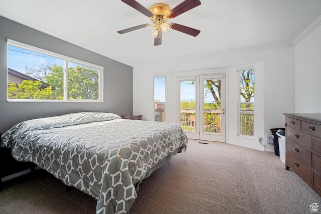 carpeted bedroom featuring access to outside, ornamental molding, ceiling fan, and baseboards