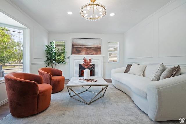 462 E 1700 S, Salt Lake City, UT 84115 - living area with a chandelier, plenty of natural light, recessed lighting, a fireplace, and wood finished floors