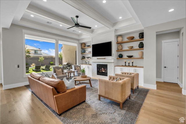 762 E Arina Way, Washington, UT 84780 - living area with ceiling fan, baseboards, a glass covered fireplace, light wood-type flooring, and recessed lighting