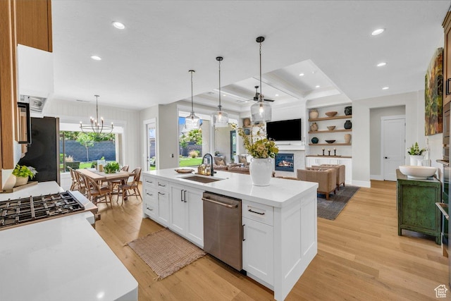 762 E Arina Way, Washington, UT 84780 - kitchen with stainless steel dishwasher, a sink, a glass covered fireplace, light wood finished floors, and light countertops
