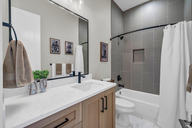 762 E Arina Way, Washington, UT 84780 - bathroom with shower / bath combination with curtain, vanity, toilet, and marble look tiles