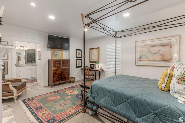 11243 S Prosperity Rd, South Jordan, UT 84009 - bedroom featuring recessed lighting, light colored carpet, and ensuite bath