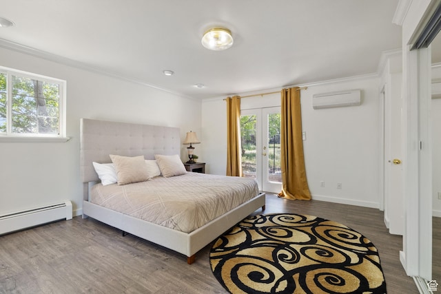 1890 W Rock Hollow Rd, Bluffdale, UT 84065 - bedroom featuring a wall mounted air conditioner, ornamental molding, access to exterior, wood finished floors, and a baseboard radiator