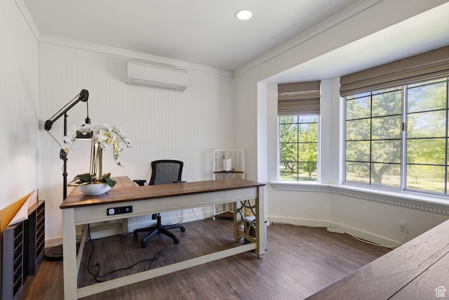 1890 W Rock Hollow Rd, Bluffdale, UT 84065 - home office featuring a wall mounted air conditioner, ornamental molding, wood finished floors, baseboards, and recessed lighting
