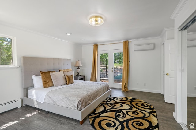 bedroom featuring a wall unit AC, a baseboard radiator, wood finished floors, access to outside, and ornamental molding