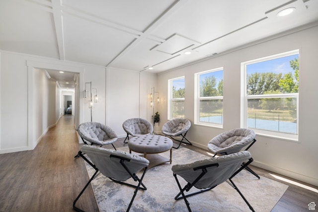 1890 W Rock Hollow Rd, Bluffdale, UT 84065 - living area with wood finished floors, baseboards, coffered ceiling, recessed lighting, and beamed ceiling