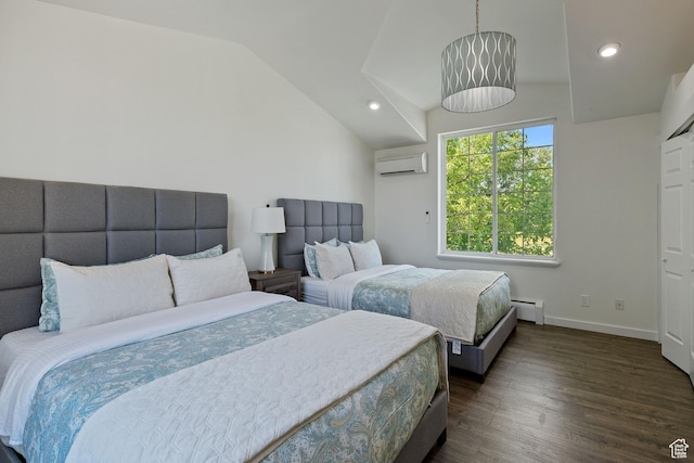 bedroom with lofted ceiling, a baseboard heating unit, dark wood-style floors, a wall mounted air conditioner, and baseboards