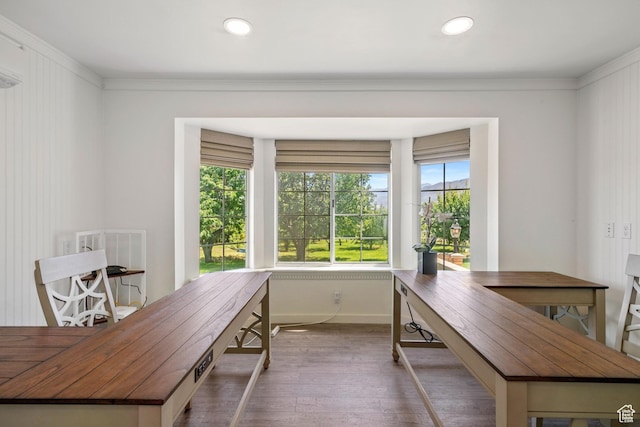 office space with wood finished floors, baseboards, crown molding, and recessed lighting