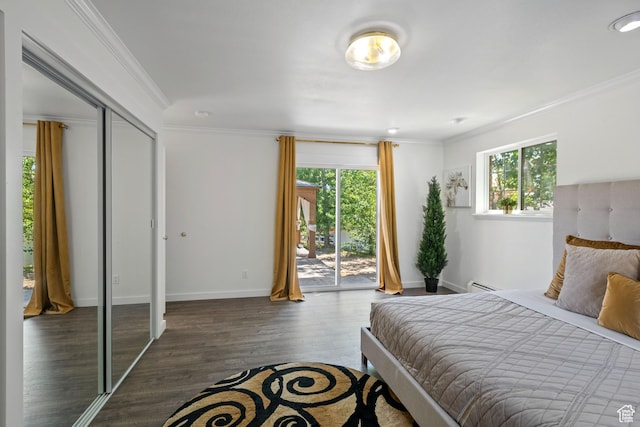 bedroom featuring access to outside, ornamental molding, wood finished floors, a baseboard radiator, and baseboards