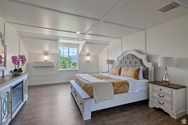 bedroom featuring dark wood-style floors and a wall mounted AC