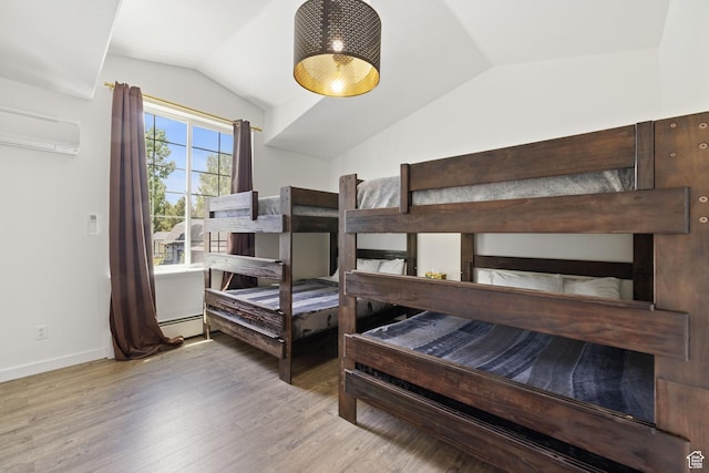 1890 W Rock Hollow Rd, Bluffdale, UT 84065 - bedroom with lofted ceiling, wood finished floors, a baseboard radiator, baseboards, and a wall unit AC