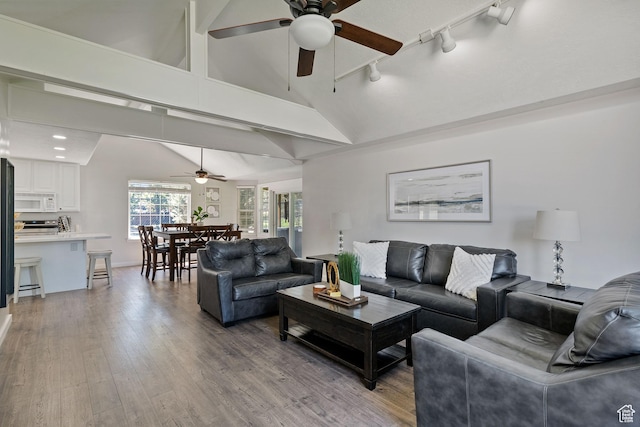 living room with ceiling fan, track lighting, lofted ceiling, and wood finished floors