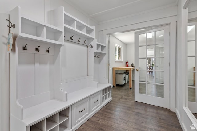 mudroom with dark wood-type flooring and ornamental molding