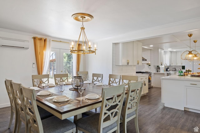 1890 W Rock Hollow Rd, Bluffdale, UT 84065 - dining area with a wall mounted AC, dark wood-type flooring, a chandelier, and ornamental molding