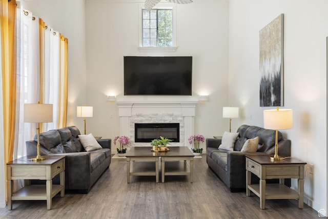 1890 W Rock Hollow Rd, Bluffdale, UT 84065 - living area with wood finished floors, a towering ceiling, and a fireplace