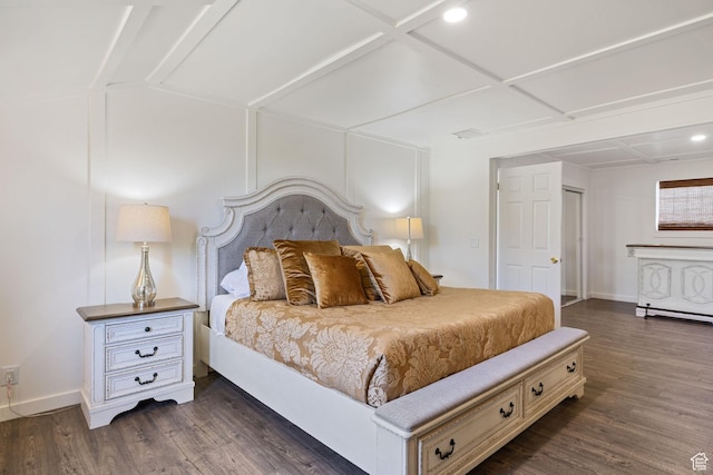 1890 W Rock Hollow Rd, Bluffdale, UT 84065 - bedroom featuring coffered ceiling, dark wood-type flooring, baseboards, and recessed lighting