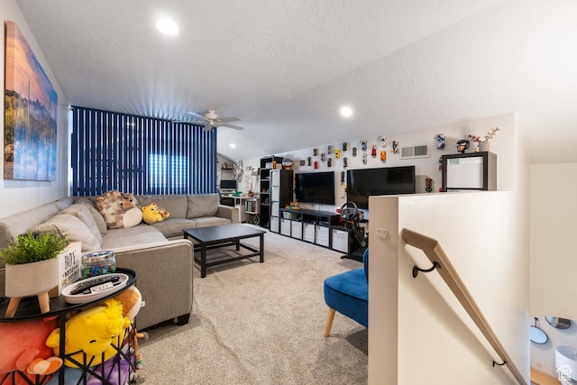 2883 S 3640 W, Hurricane, UT 84737 - living room featuring vaulted ceiling, ceiling fan, carpet floors, and recessed lighting