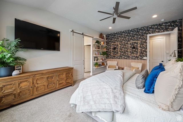 2883 S 3640 W, Hurricane, UT 84737 - carpeted bedroom with a barn door, recessed lighting, a ceiling fan, and wallpapered walls