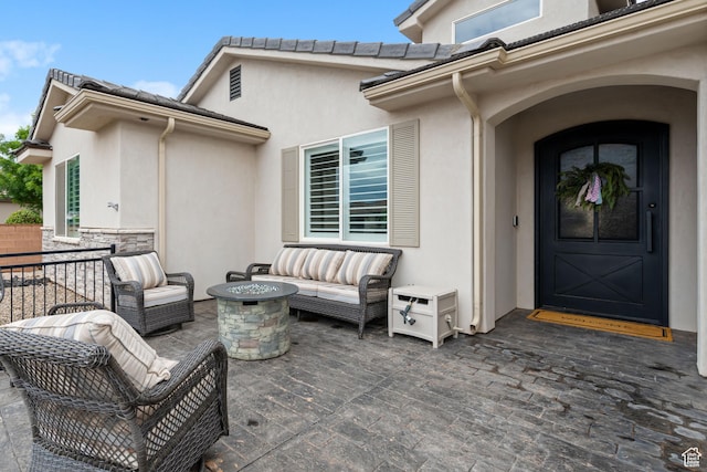 2883 S 3640 W, Hurricane, UT 84737 - entrance to property with an outdoor living space, stucco siding, and a patio area