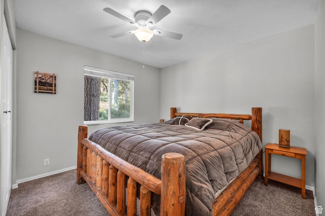 bedroom featuring carpet flooring, baseboards, and ceiling fan