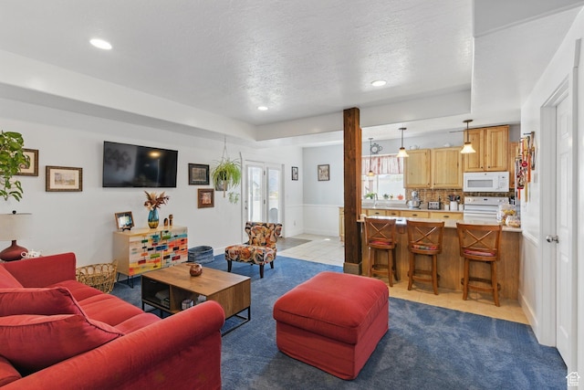 14349 S Round Rock Dr, Herriman, UT 84096 - carpeted living room with recessed lighting, a textured ceiling, wainscoting, and a sink