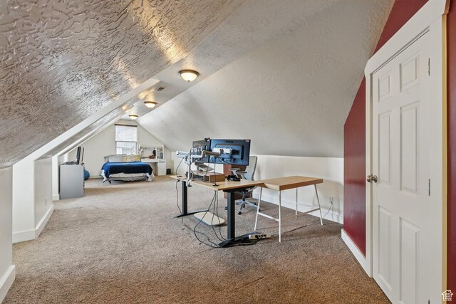 14349 S Round Rock Dr, Herriman, UT 84096 - home office with carpet floors, lofted ceiling, baseboards, and a textured ceiling