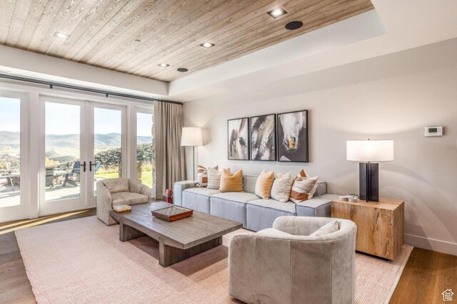 7485 E Moon Light Dr, Heber City, UT 84032 - living area with wooden ceiling, french doors, light wood-style flooring, recessed lighting, and baseboards