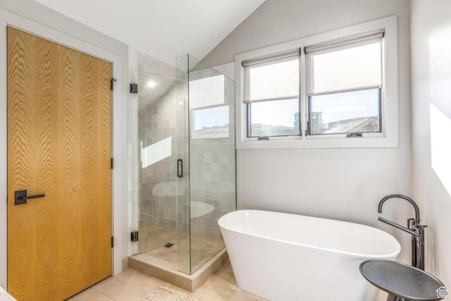 7485 E Moon Light Dr, Heber City, UT 84032 - bathroom with a stall shower, a soaking tub, lofted ceiling, and tile patterned floors