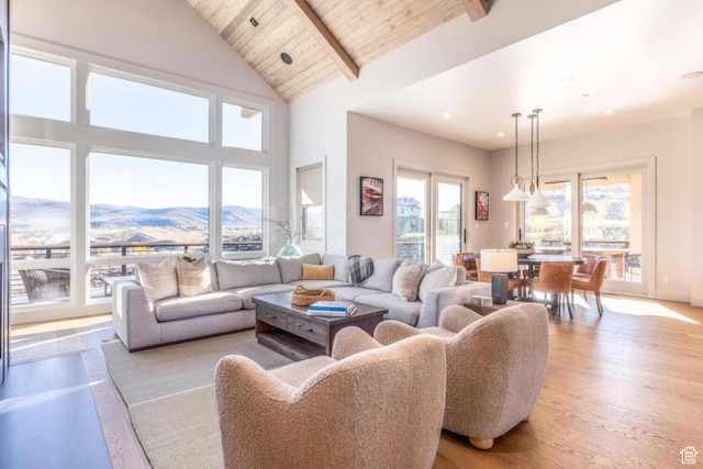 7485 E Moon Light Dr, Heber City, UT 84032 - living room featuring wooden ceiling, a mountain view, beamed ceiling, wood finished floors, and high vaulted ceiling