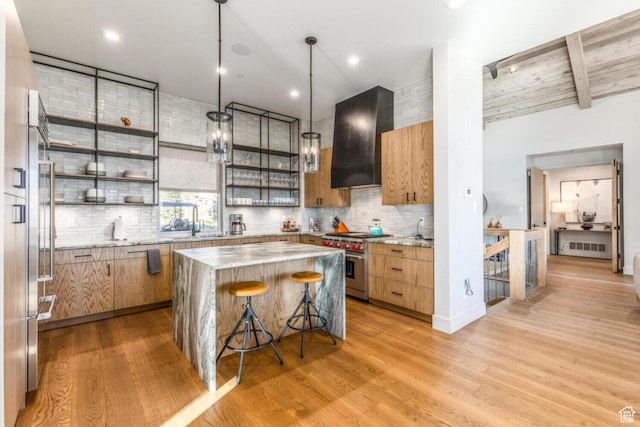 7485 E Moon Light Dr, Heber City, UT 84032 - kitchen featuring high end stainless steel range, open shelves, wall chimney exhaust hood, light wood finished floors, and tasteful backsplash