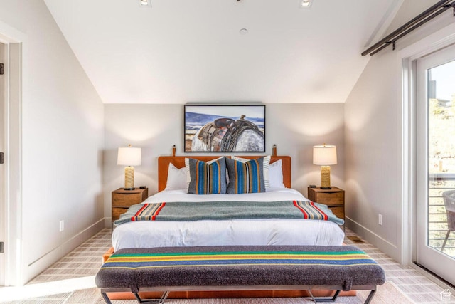 7485 E Moon Light Dr, Heber City, UT 84032 - carpeted bedroom with vaulted ceiling, baseboards, and access to outside