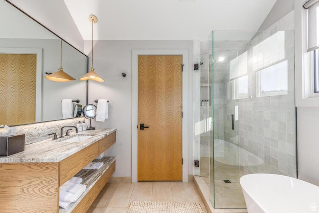 7485 E Moon Light Dr, Heber City, UT 84032 - full bath with a shower stall, a freestanding tub, vanity, and tile patterned flooring