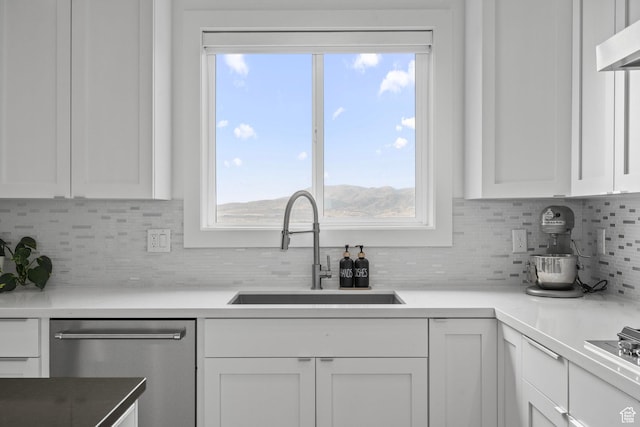 kitchen featuring dishwasher, a sink, under cabinet range hood, white cabinetry, and backsplash