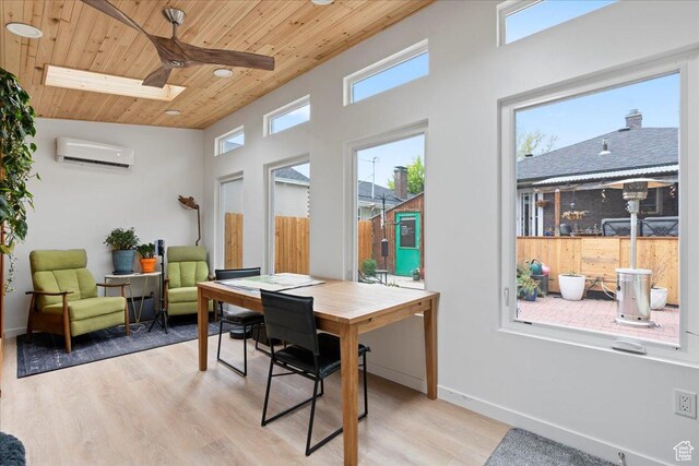 162 E Cleveland, Salt Lake City, UT 84115 - home office featuring a wall mounted AC, wooden ceiling, a skylight, light wood-type flooring, and baseboards