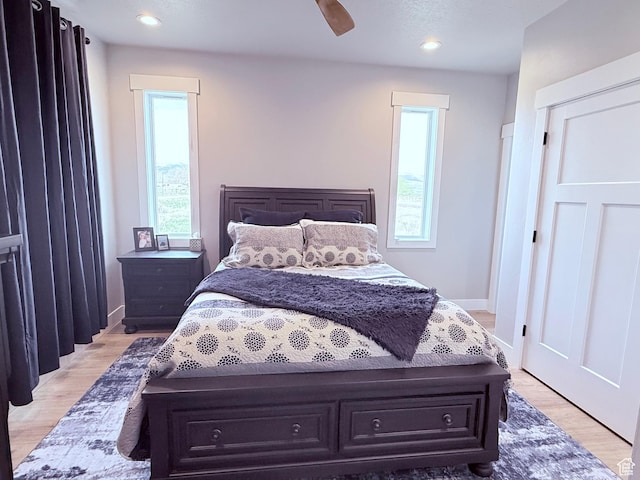 295 E 2nd N, Paris, ID 83261 - bedroom with light wood-style floors, a ceiling fan, recessed lighting, and baseboards