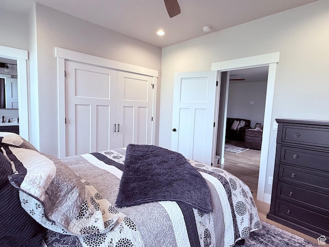 295 E 2nd N, Paris, ID 83261 - bedroom with wood finished floors, a closet, a ceiling fan, and recessed lighting