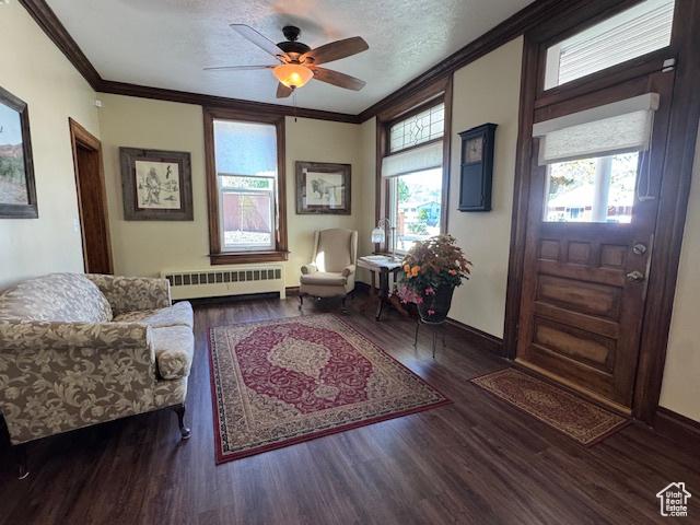 105 S 500 E, Salem, UT 84653 - living room with radiator heating unit, crown molding, wood finished floors, baseboards, and ceiling fan